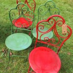 Red and green metal chairs